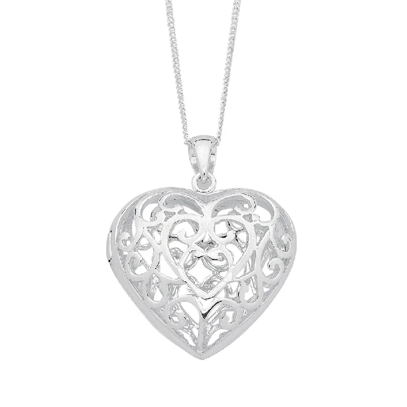 layered necklaces for women -Sterling Silver Open Filigree Puff Heart Necklace