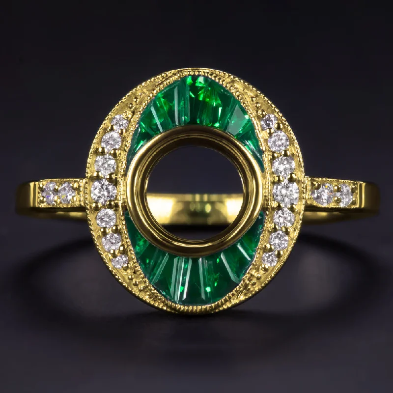 luxury diamond solitaire engagement rings -EMERALD DIAMOND RING SETTING 1CT ROUND VINTAGE ENGAGEMENT ART DECO YELLOW GOLD