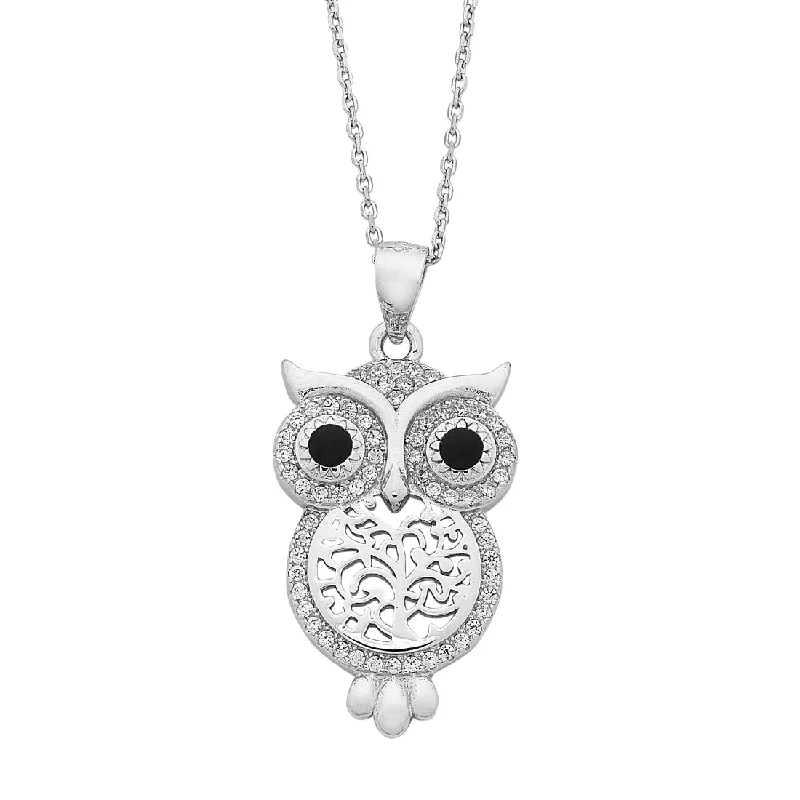 luxury diamond necklaces for women -Sterling Silver Tree of Life Cubic Zirconia Owl Necklace