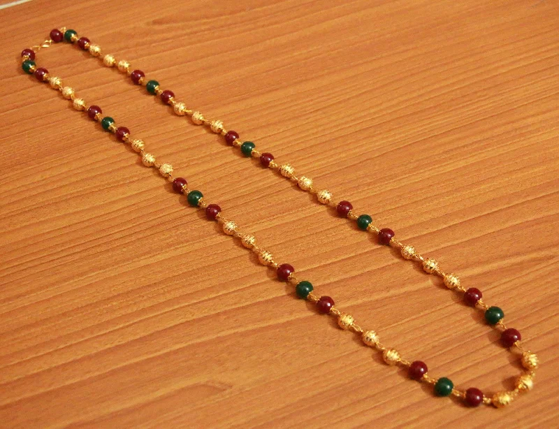 layered chain necklaces for women -Multicolour Red Green & Gold Bead Necklace