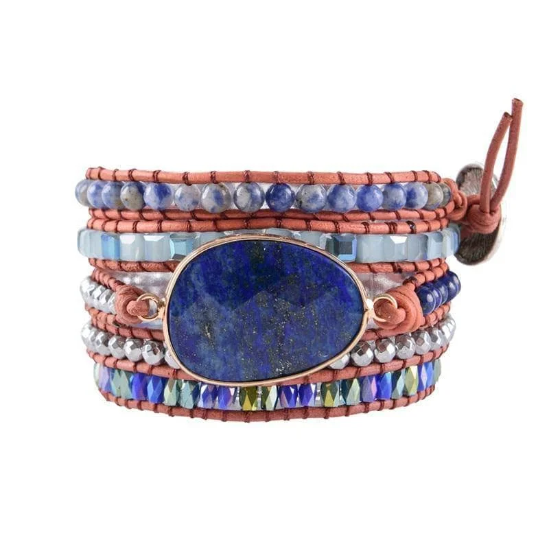 silver bangles for women -Lapis & Mixed Natural Stones Leather Wrap Bohemian Bracelet - Black Diamonds New York