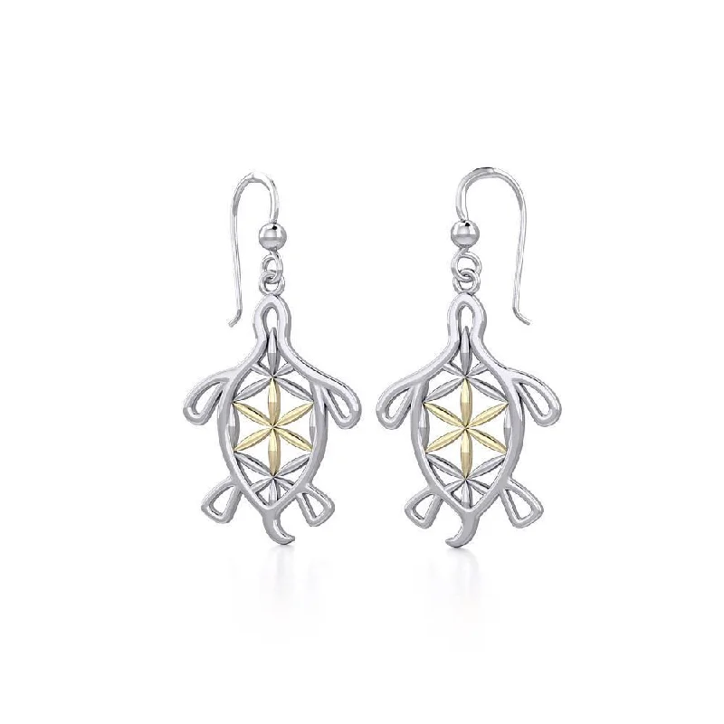 intricate design earrings for women -Turtle with Flower of Life Shell Silver and Gold Earrings MER1784