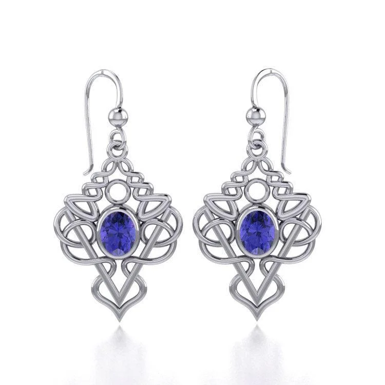 dangling gold earrings for women -Celtic Filigree Twist Sterling Silver Earrings with Gemstone TE593