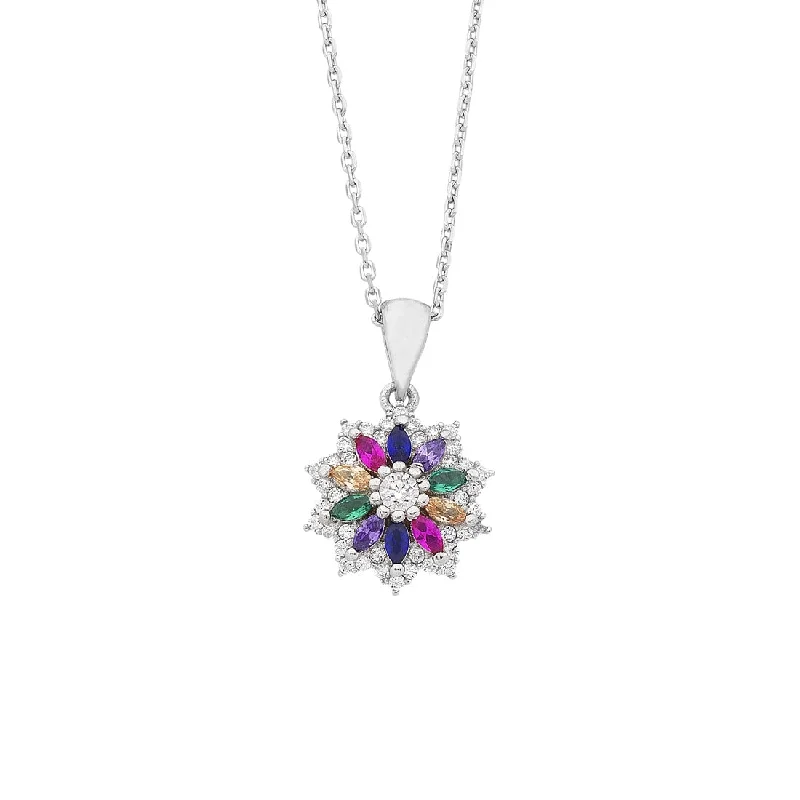 diamond necklaces for women -Sterling Silver Multi Coloured Cubic Zirconia Flower Necklace