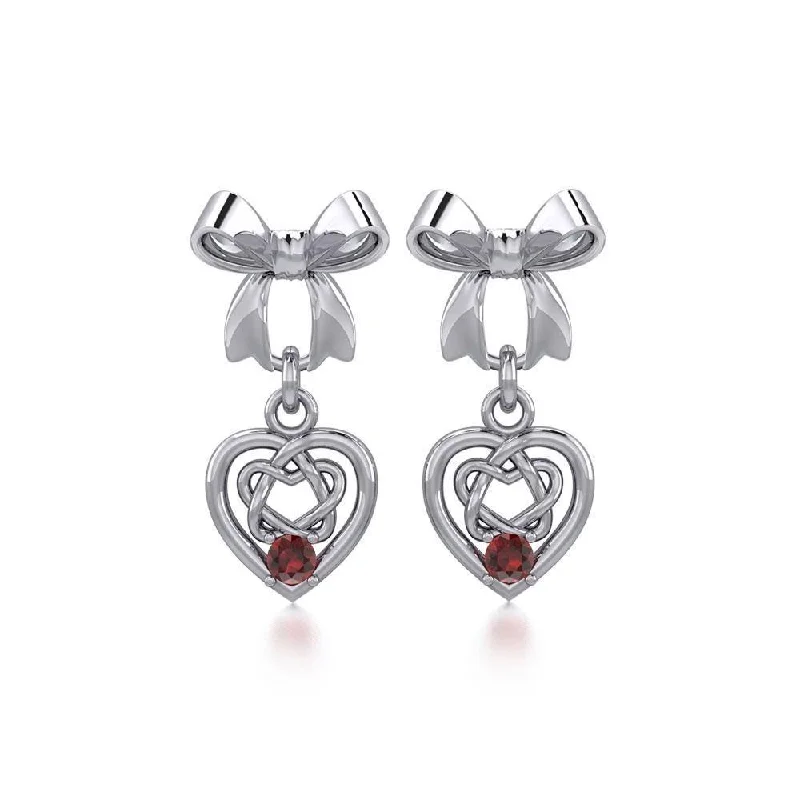 high-end earrings for women -Ribbon with Dangling Gemstone Celtic Heart Silver Post Earrings TER1857