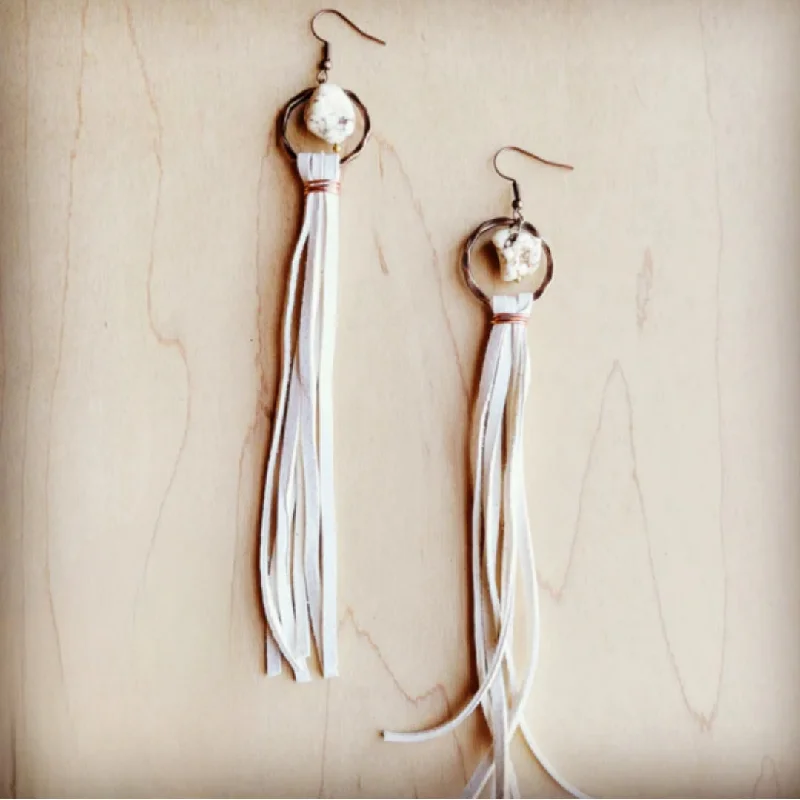 sparkling drop earrings for women -Turquoise Drop Earrings with Cream Leather Tassel