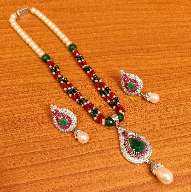 classic diamond necklaces for women -MULTICOLOUR CZ STUDDED BEADED NECKLACE SET